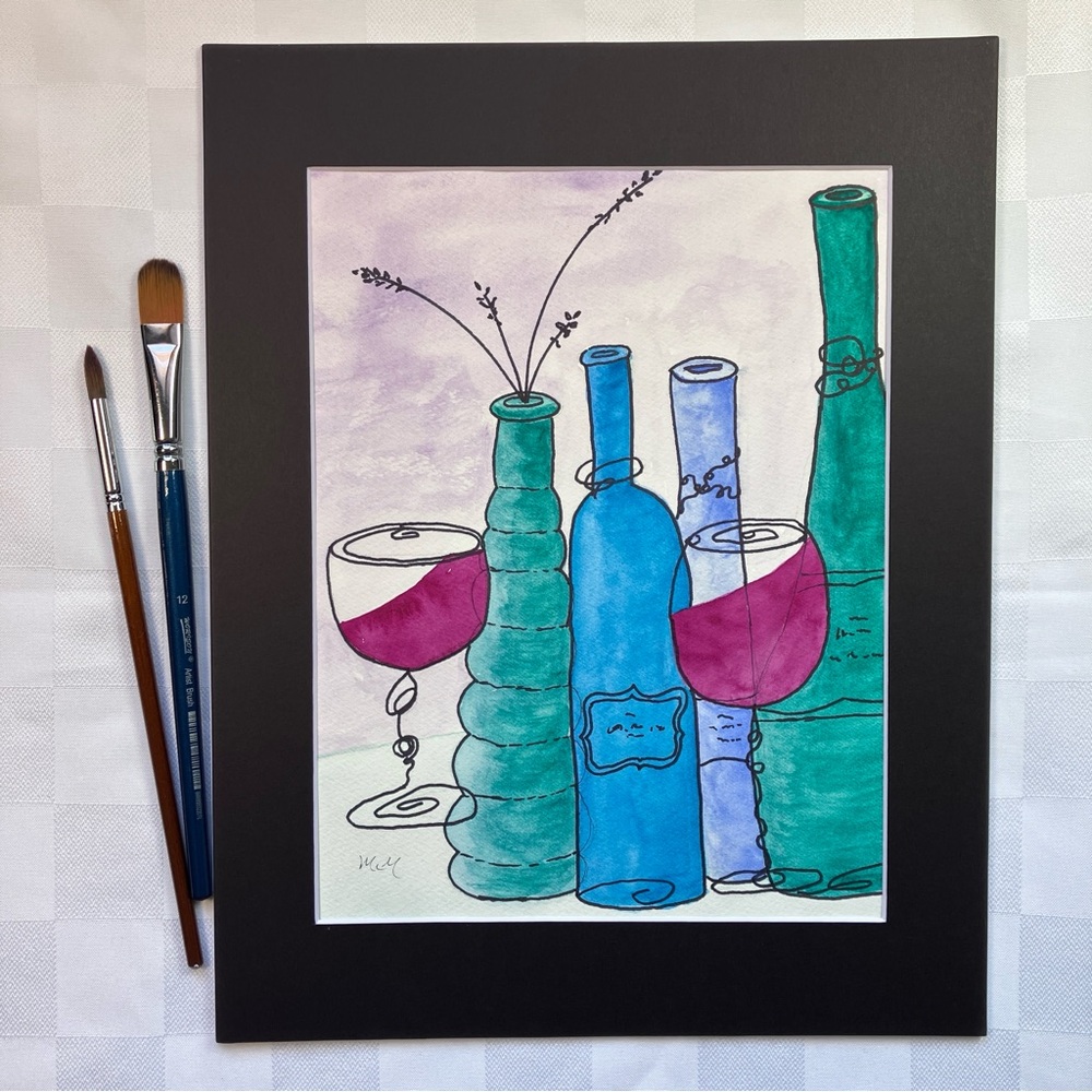 Original Watercolor Wine Bar Wall Art Painting
